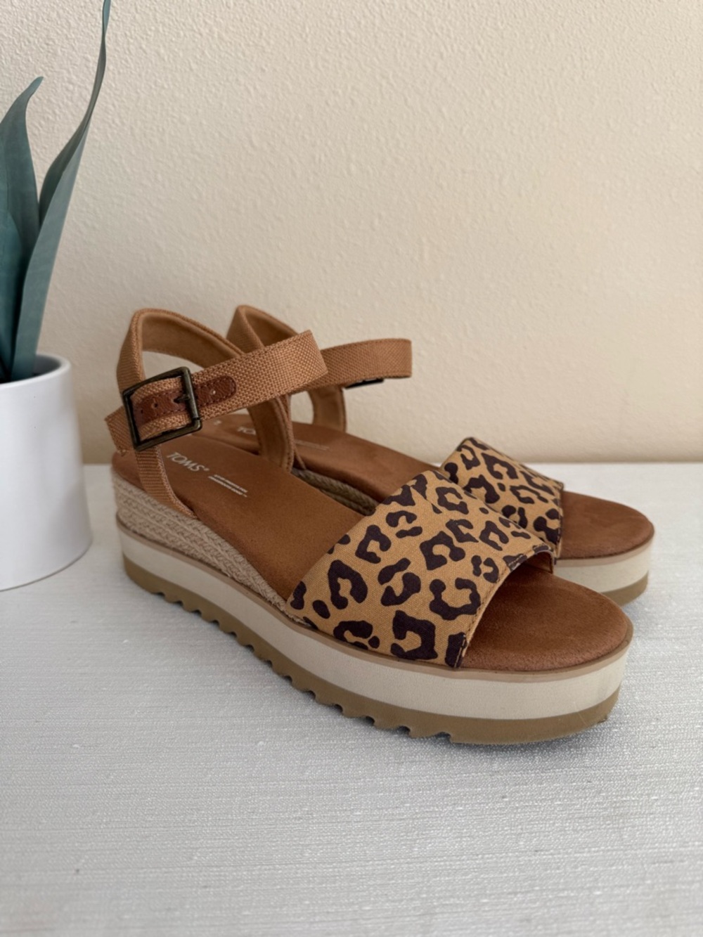 TOMS Leopard Print Espadrille Wedge Sandals - Brown